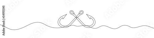 Continuous line drawing of fishing hook. One line icon of fishing hook. One line drawing background. Vector illustration. Line art of fishing hook