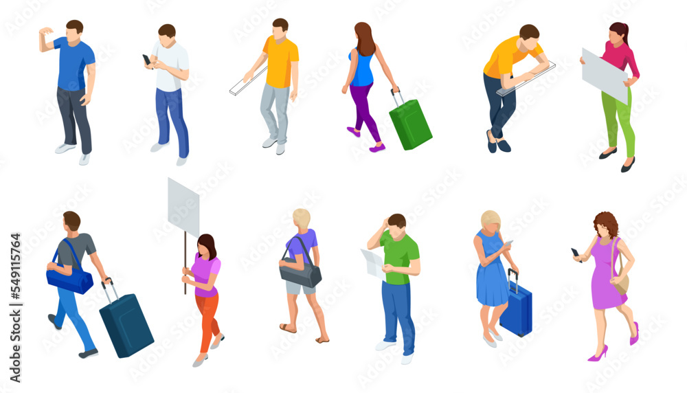 Different isomeric people icons set. Isometric Tourism and Booking App.