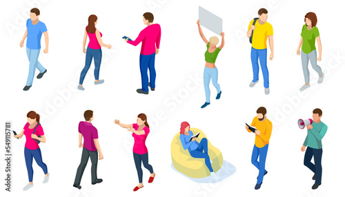 Different isomeric people icons set. People meeting, discussing, planning,