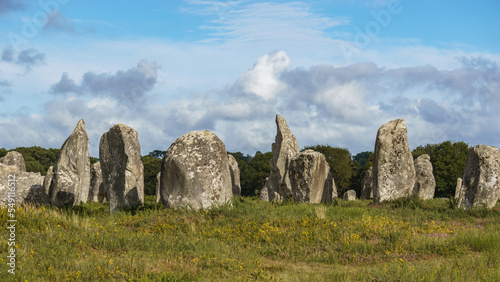 Miles long megalithic stones alignment on green meadow in Carnac, Brittany, France