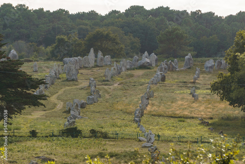 Miles long megalithic stones alignment on green meadow in Carnac, Brittany, France photo