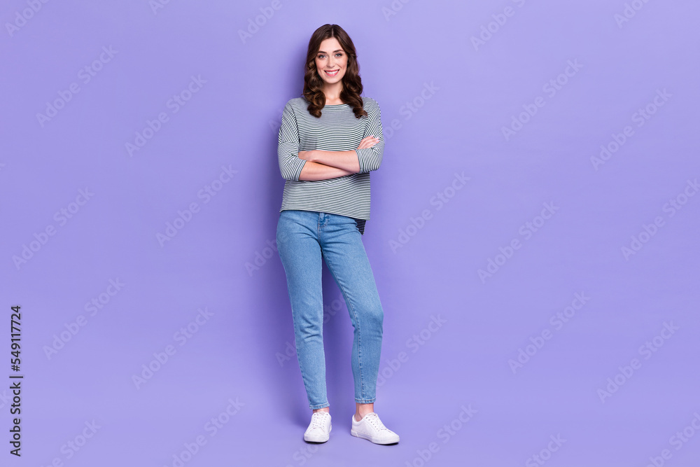 Full length photo of cheerful funny lady dressed stylish clothes arm folded rejoice new nice purchase isolated on purple color background Full length photo of cheerful funny lady dressed stylish clothes arm folded rejoice new nice purchase isolated on purple color background