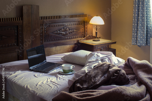 A rustic bedroom with a cup of soup on a dirty plate next to an open laptop on an unmade bed with blankets lit by a bedside lamp and sunlight from the window. Messy room.
