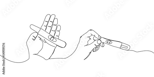 Set of pregnancy test in the hand one line art. Continuous line drawing of pregnancy, testing, analysis, ovulation, happy news, positive result, child, motherhood.