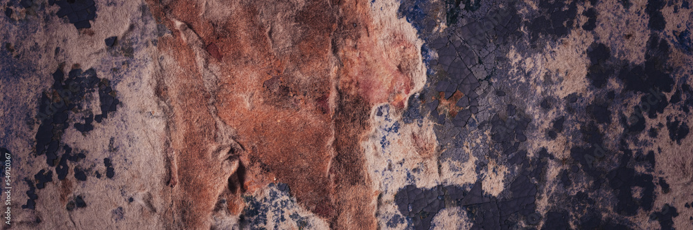 Fototapeta premium Peeling paint on the wall. Panorama of a concrete wall with old cracked flaking paint. Weathered rough painted surface with patterns of cracks and peeling. Wide panoramic grungy texture for background