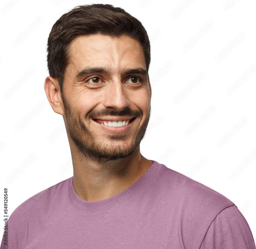 Obraz premium Close up portrait of smiling handsome male in purple t-shirt looking right