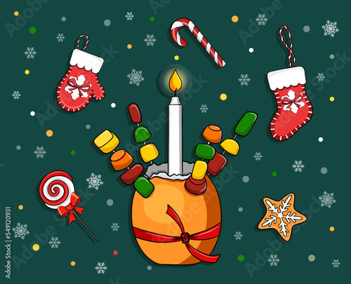 Christingle symbol tradition of celebrating Christmas in Britain. Orange and candle. Cartoon vector illustration