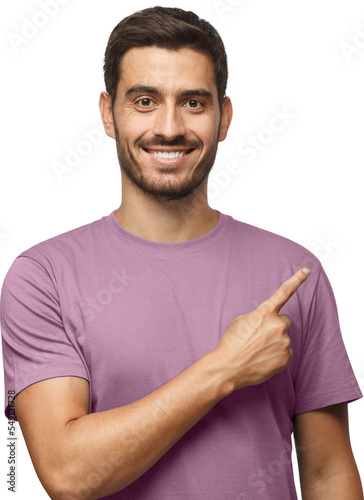 Young man in t-shirt pointing right with his finger