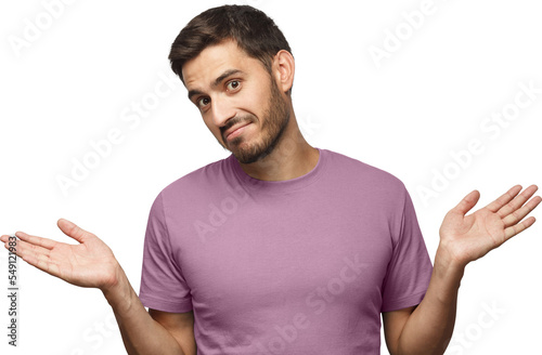 I don't know. Portrait of young confused man in blue t-shirt standing and shrugging shoulders, spreading hands isolated on gray background. I dunno photo