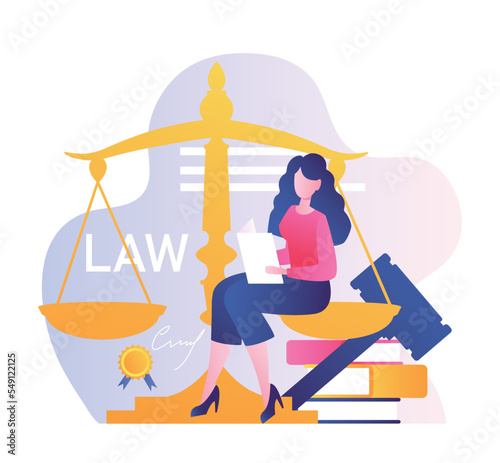 Future occupation lawyer. Girl sits with documents in her hands on scales with judges gavel. Legal support of transactions and consultation, protection of rights. Cartoon flat vector illustration