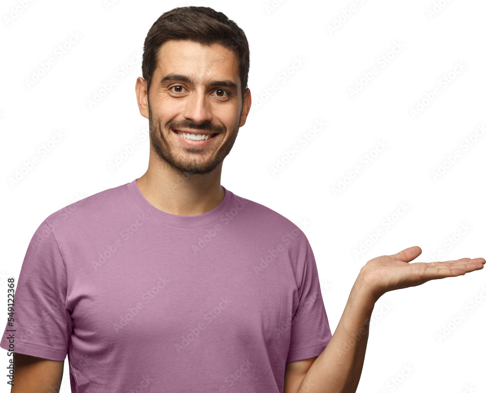 Young smiling man showing on the right with empty hand or on palm. Copy space for your product
