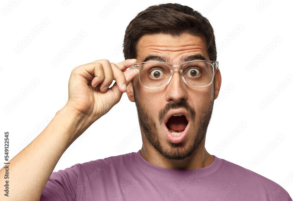 Young man shouting wow with open mouth, surprised by low price and sale, holding glasses Young man shouting wow with open mouth, surprised by low price and sale, holding glasses