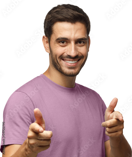 Фотография Hey you! Young man in pink t-shirt pointing to camera with fingers