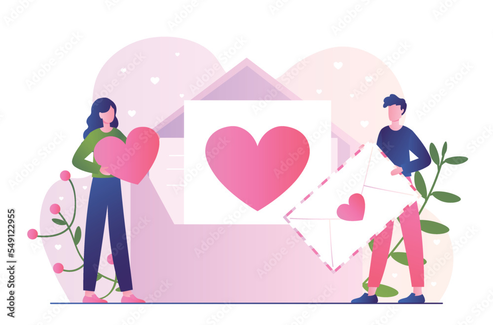 Love letter concept. Man and woman with envelopes with hearts, romantic correspondence. Communication and interaction. Care and support, young couple in love. Cartoon flat vector illustration Love letter concept. Man and woman with envelopes with hearts, romantic correspondence. Communication and interaction. Care and support, young couple in love. Cartoon flat vector illustration