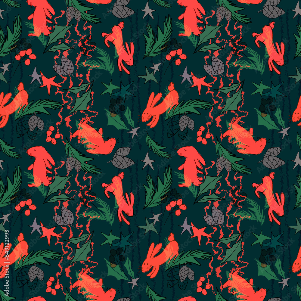 Christmas bunny colorful seamless pattern on green background. Symbol of 2023. Digital seamless wallpaper, fabric print, textile design. Can be used for scrapbook paper, wrapping paper, packaging.