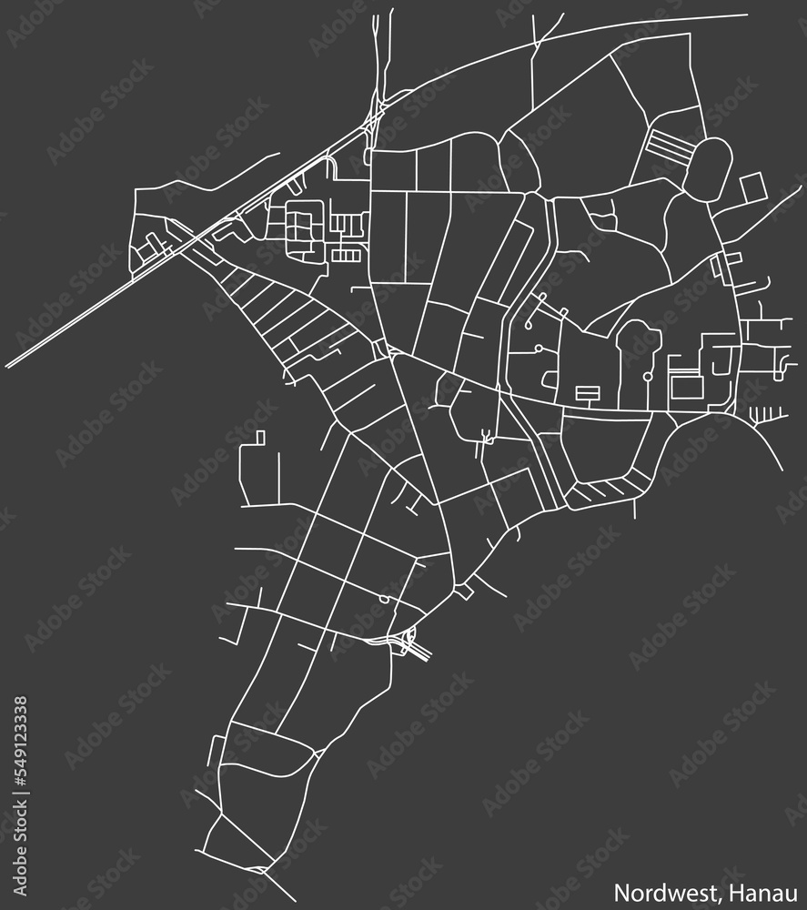 Detailed negative navigation white lines urban street roads map of the NORDWEST MUNICIPALITY of the German town of HANAU, Germany on dark gray background
