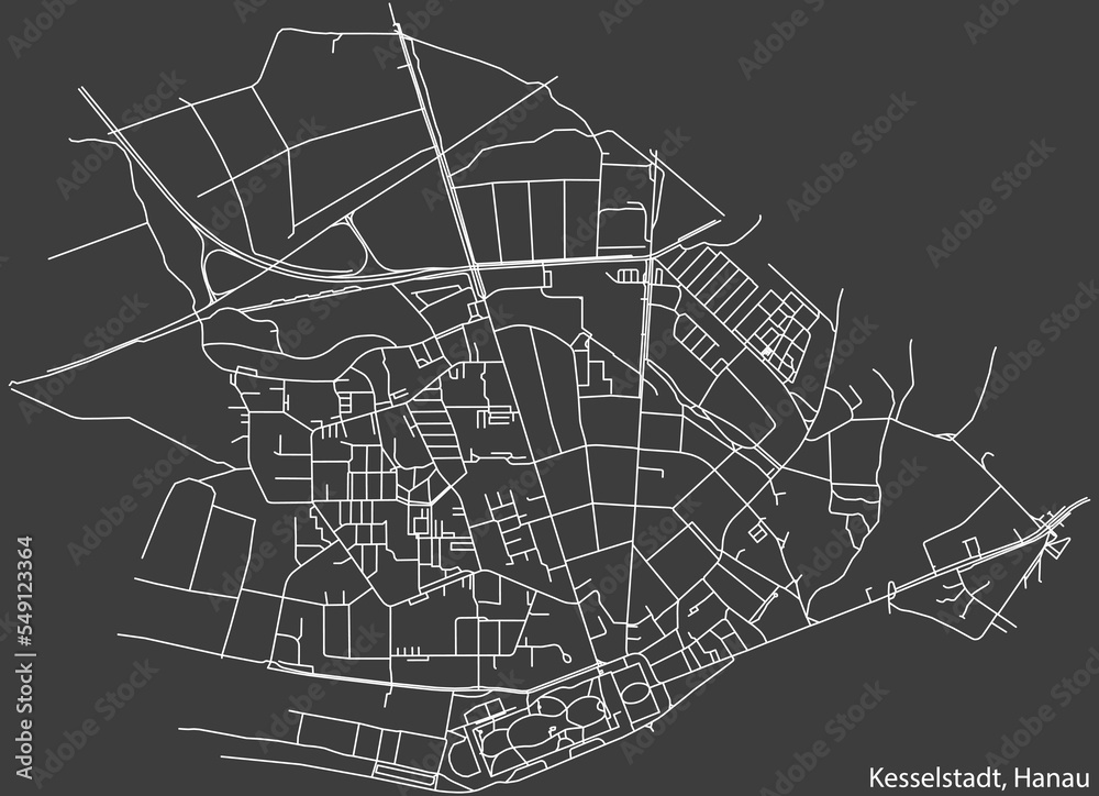 Detailed negative navigation white lines urban street roads map of the KESSELSTADT MUNICIPALITY of the German town of HANAU, Germany on dark gray background