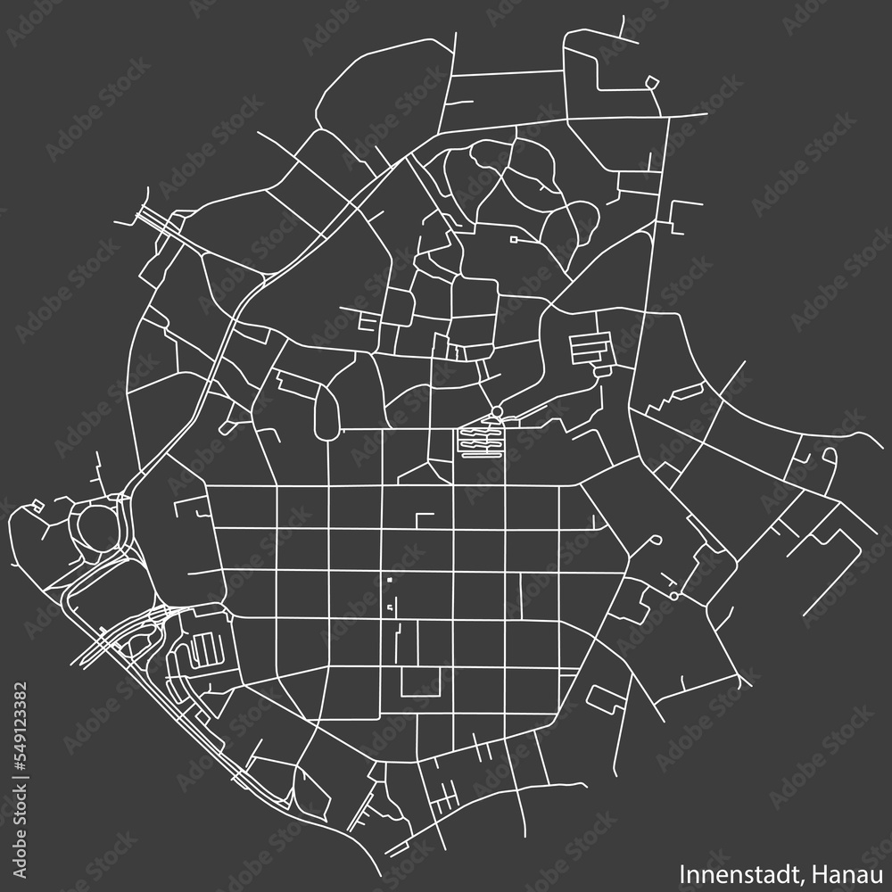 Detailed negative navigation white lines urban street roads map of the INNENSTADT MUNICIPALITY of the German town of HANAU, Germany on dark gray background