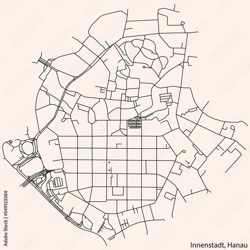 Detailed navigation black lines urban street roads map of the INNENSTADT MUNICIPALITY of the German town of Hanau, Germany on vintage beige background