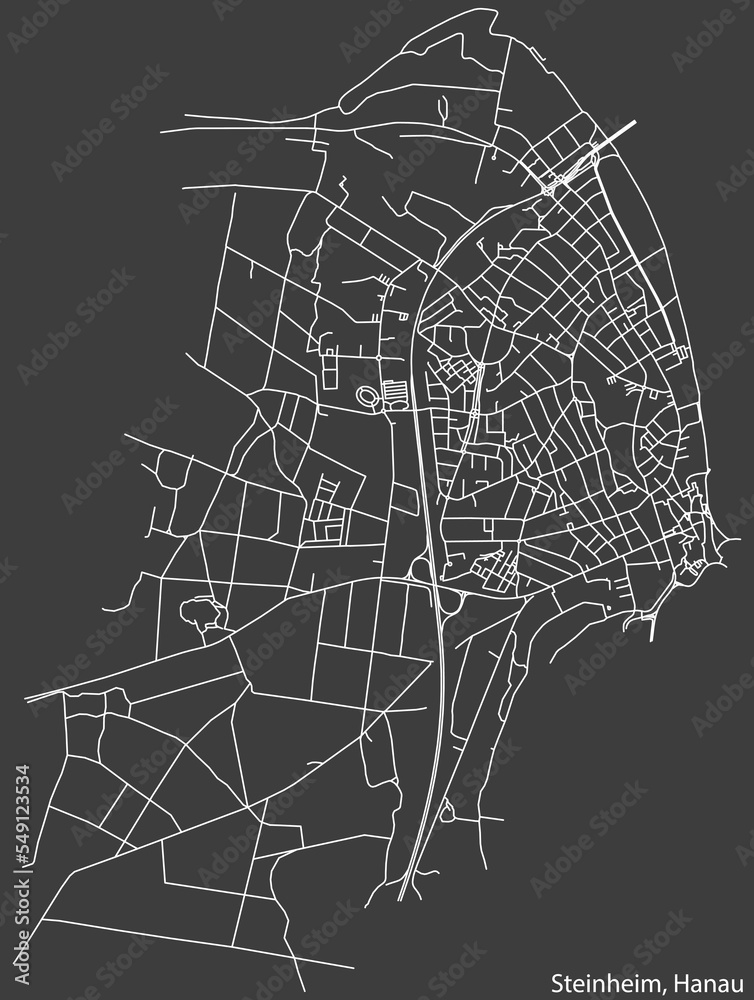 Detailed negative navigation white lines urban street roads map of the STEINHEIM MUNICIPALITY of the German town of HANAU, Germany on dark gray background