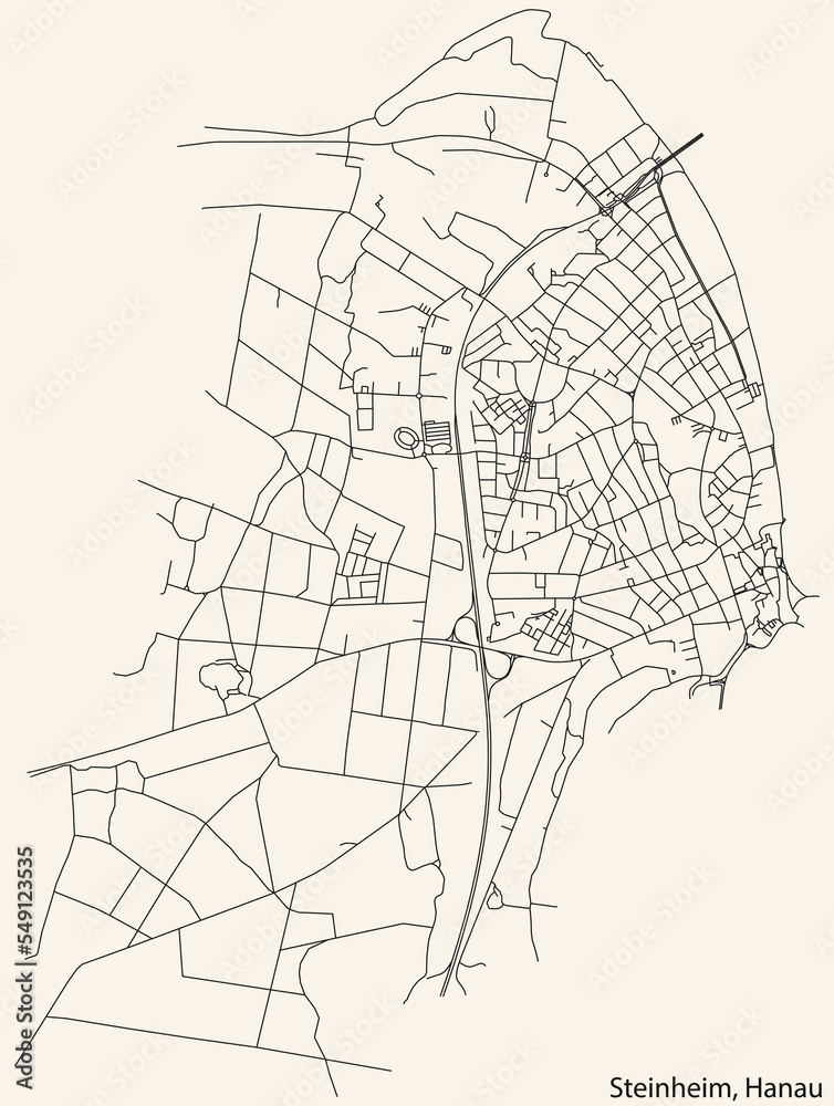 Detailed navigation black lines urban street roads map of the STEINHEIM MUNICIPALITY of the German town of Hanau, Germany on vintage beige background