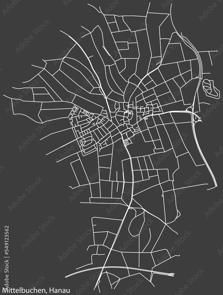 Detailed negative navigation white lines urban street roads map of the MITTELBUCHEN MUNICIPALITY of the German town of HANAU, Germany on dark gray background