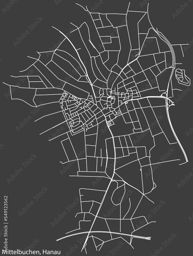 Detailed negative navigation white lines urban street roads map of the MITTELBUCHEN MUNICIPALITY of the German town of HANAU, Germany on dark gray background Detailed negative navigation white lines urban street roads map of the MITTELBUCHEN MUNICIPALITY of the German town of HANAU, Germany on dark gray background