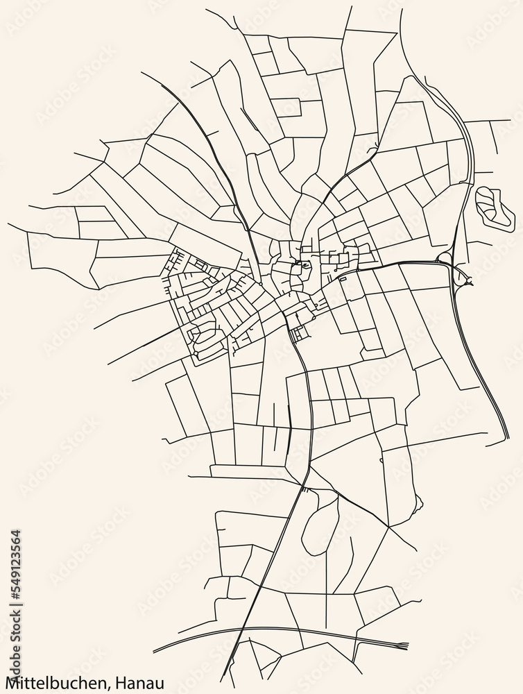 Detailed navigation black lines urban street roads map of the MITTELBUCHEN MUNICIPALITY of the German town of Hanau, Germany on vintage beige background