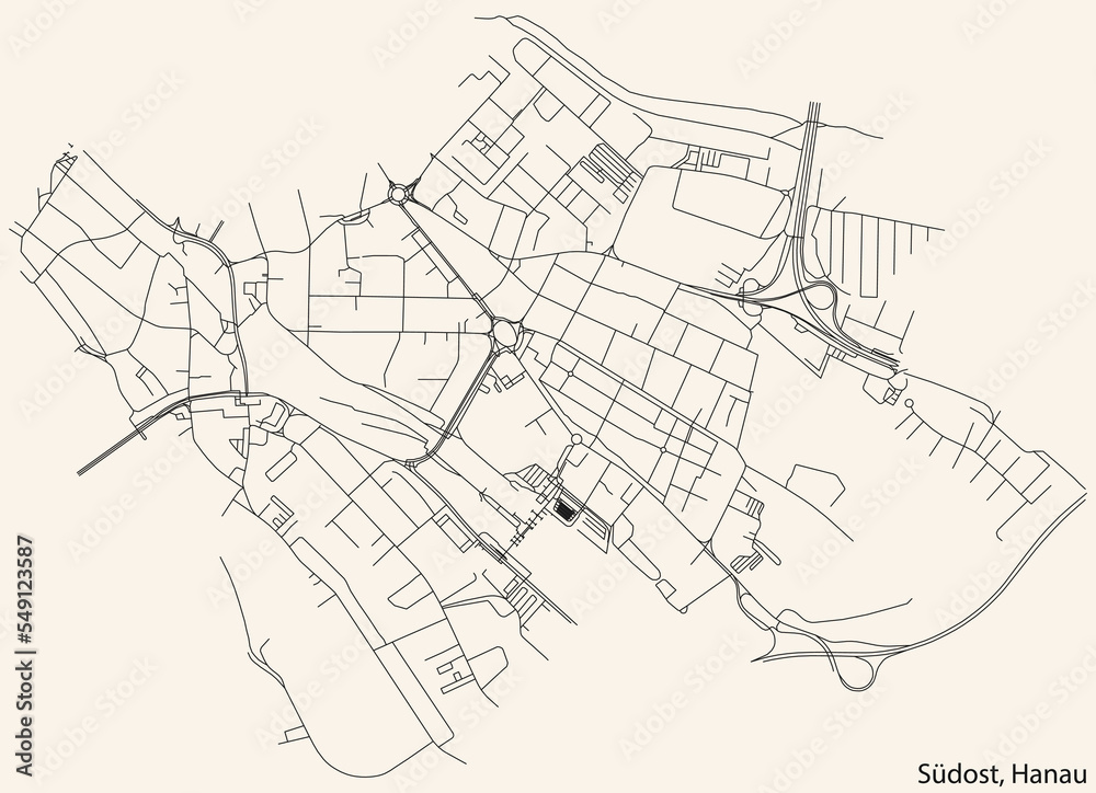 Detailed navigation black lines urban street roads map of the SÜDOST MUNICIPALITY of the German town of Hanau, Germany on vintage beige background