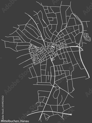 Detailed negative navigation white lines urban street roads map of the MITTELBUCHEN MUNICIPALITY of the German town of HANAU, Germany on dark gray background