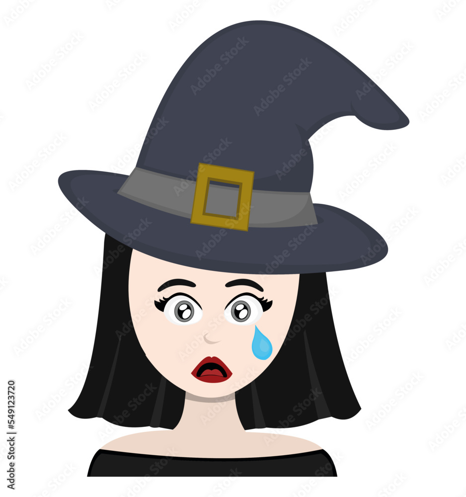 vector illustration of a cartoon witch with a sad expression, crying with a tear falling from her eye