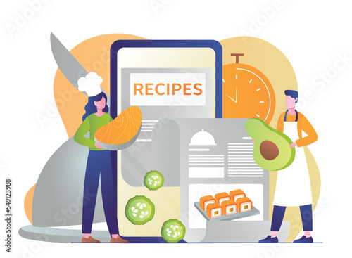 Recipes online concept. Women in chefs hat with vegetables and fruits. Vitamins and useful elements, healthy food and vegetarian diet. Salad preparation metaphor. Cartoon flat vector illustration