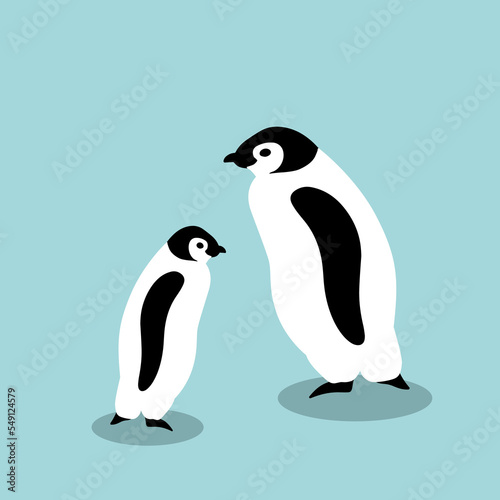 A small penguin and a big one stand next to each other. Isolated vector graphic