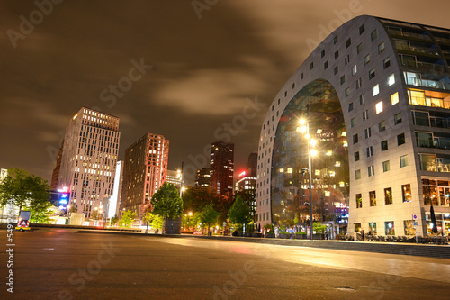 Rotterdam, Netherlands: City centre by night. Modern buildings. Market Hall.