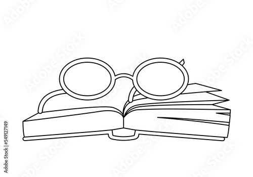 Doodle book icon. Glasses lie on open textbook, metaphor for love of literature and useful hobby. Knowledge and information, self development and education concept. Cartoon flat vector illustration