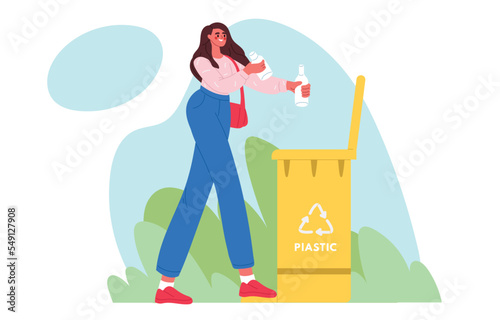 Recycling garbage bin concept. Woman taking out the garbage. Separate waste collection. Sorting, zero waste concept.Flat vector illustration