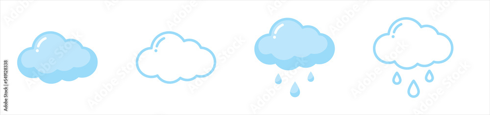 Cloud icon set. Rainy day symbol. Cloud with rain drops signs stickers, vector illustration