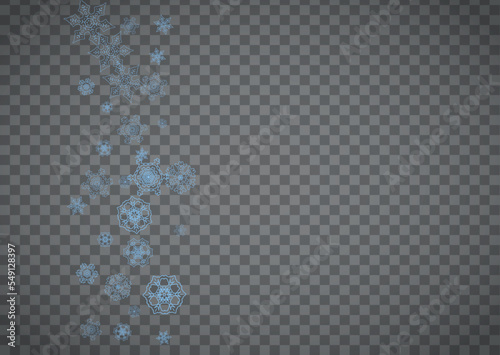 Snowflakes frame on transparent background. Christmas and Happy New Year. Isolated horizontal snowflakes frame for banners, gift cards, party invitation, partner compliment and special business offer
