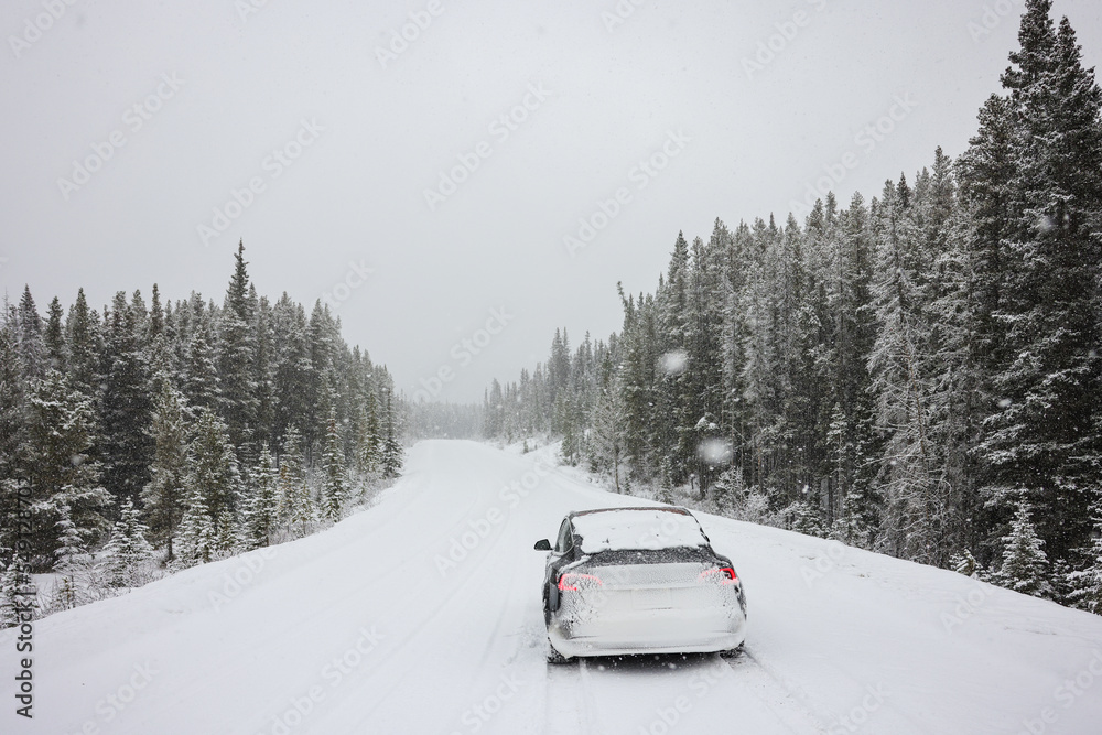 Electric car driving, mountains snow, National Park