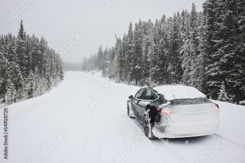 Electric car driving, mountains snow, National Park