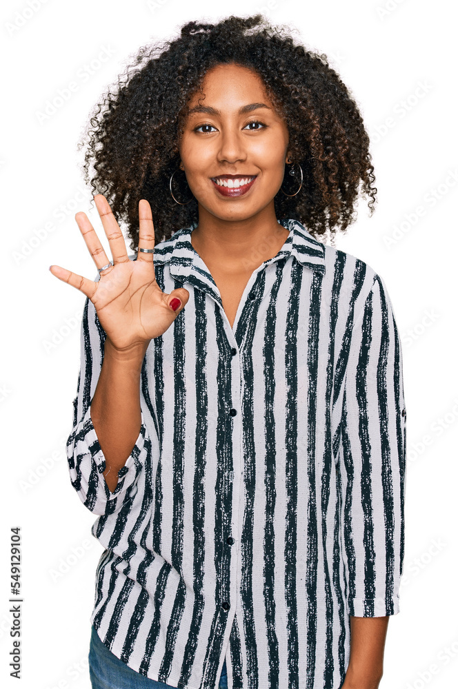Young african american girl wearing casual clothes showing and pointing up with fingers number four while smiling confident and happy. Young african american girl wearing casual clothes showing and pointing up with fingers number four while smiling confident and happy.