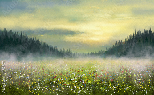 Meadow with fog, morning in the meadow. Watercolor paintings landscape, fine art