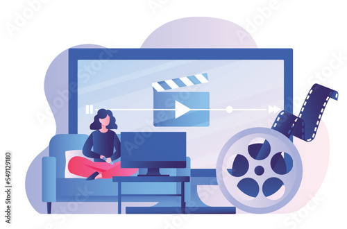 Woman watch movie. Girl with remote control sits in front of TV, gadgets and devices. Modern technologies and online series. Interesting content, rest after work. Cartoon flat vector illustration