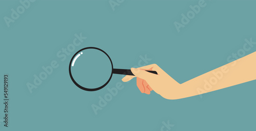 Hand Holding a Magnifying Glass Vector Cartoon Illustration. Curious person inspecting and analyzing using a magnifier for empirical evidence
