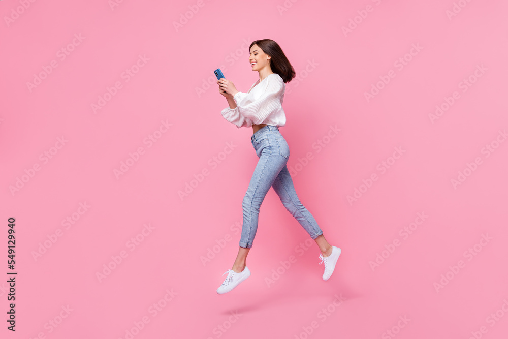 Full length profile side photo of pretty lady chatting colleagues ...