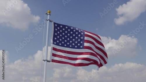 United State flag on a gray pole waving on sunny blue sky. No looping. 3D.