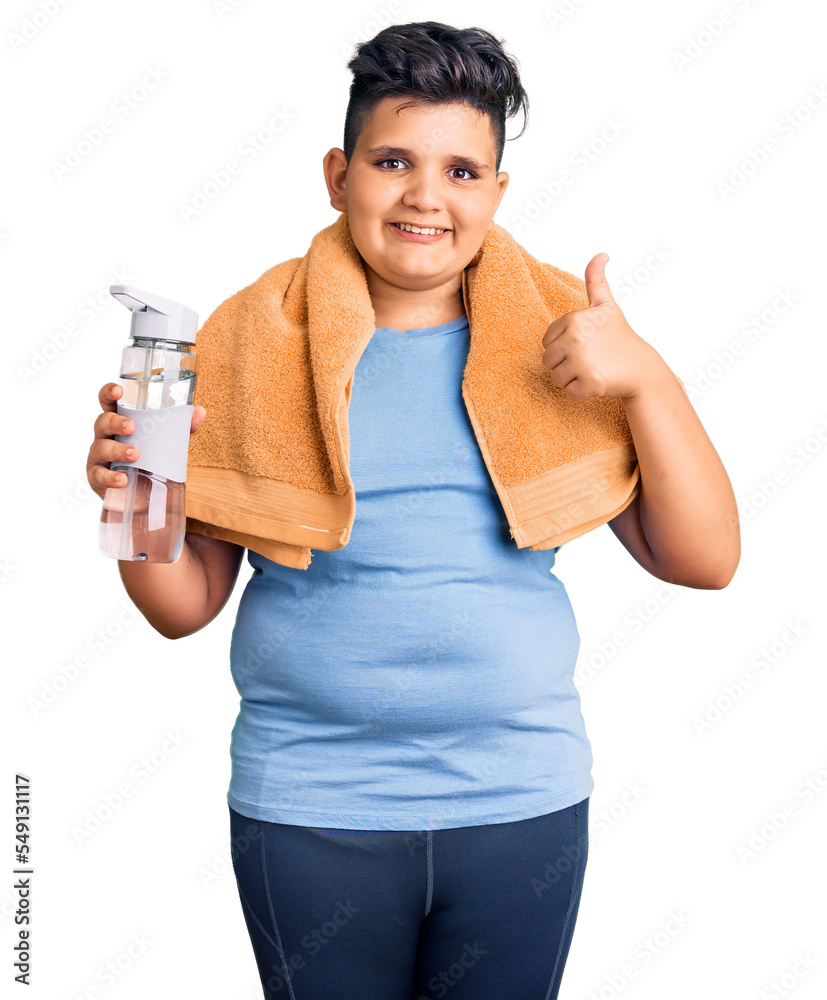 Little boy kid wearing sportswear drinking bottle of water smiling happy and positive, thumb up doing excellent and approval sign Little boy kid wearing sportswear drinking bottle of water smiling happy and positive, thumb up doing excellent and approval sign
