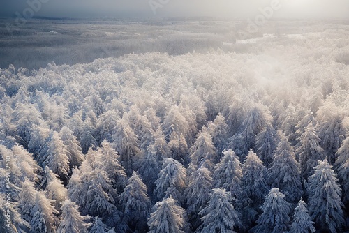 Drone view photo of huge forest covered by snow
