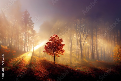 Enchanting autumn misty scenery full covered by sun rays. sunshine in dreamy colors  forest path with the sun behind a tree