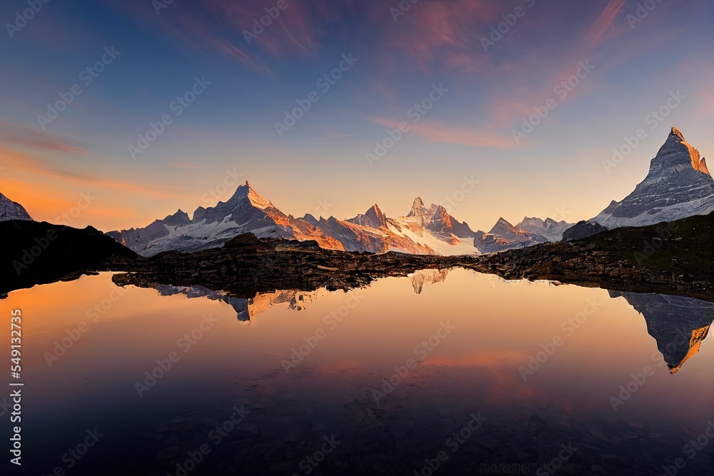morning view of Swiss Alps,beautiful calm lake with mirror refle